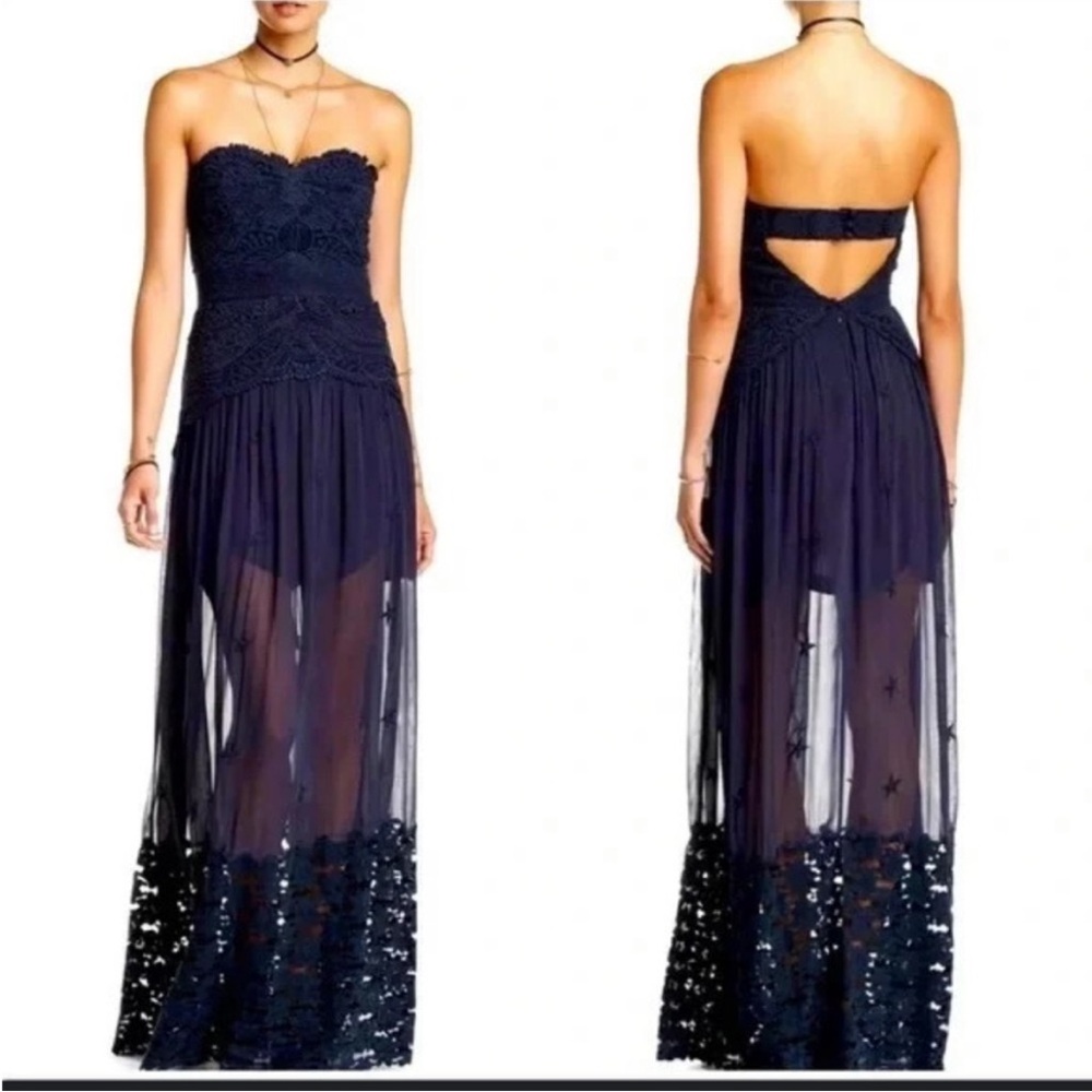 Free People | Monarch Sheer Lace Embroidered Crocheted Open Back Strapless Dress